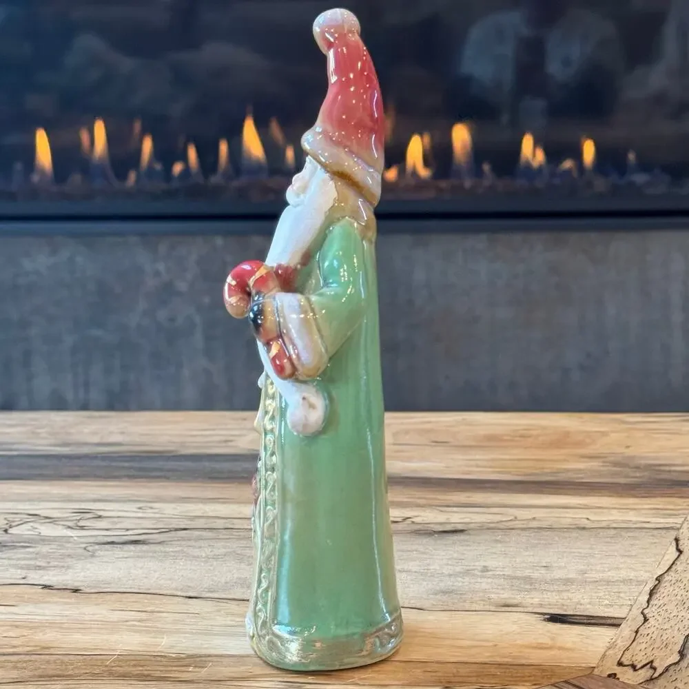 Old World Style Glazed Ceramic Santa Claus Figurine Cardinal Bird Green Robe 8